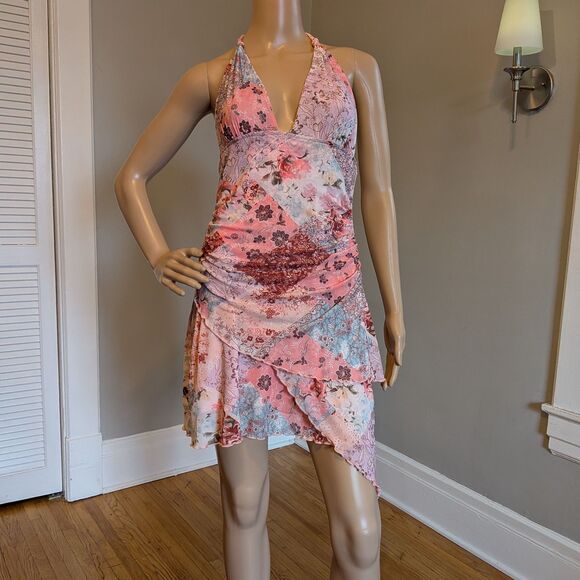 Shein Halter Mini Dress Mesh Fairycore Pastel Floral Paisley Y2K Style Size M - Picture 3 of 9